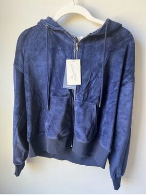 NWT Leisure Studio Navy Blue Velour Zip Up Hoodie Jacket XS